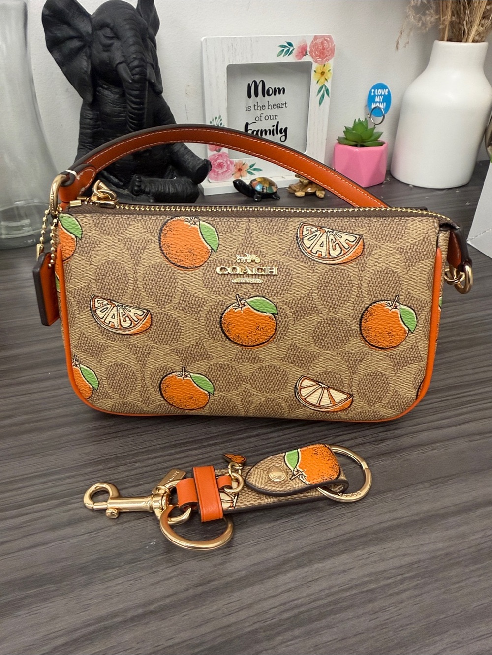 Coach Nolita Orange Print Signature Shoulder Wristlet & extender- Brown/Orange